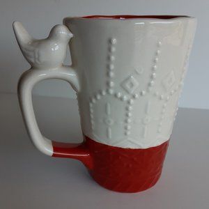 Red White Embossed Sweater Design Figural Bird On Handle Coffee Tea Cup Mug